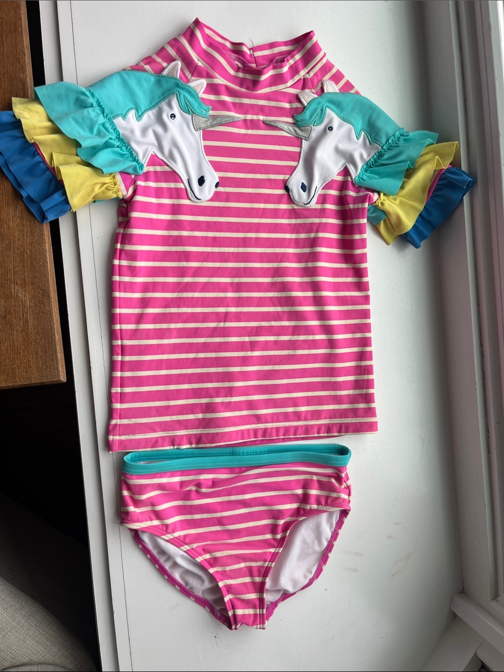 Mini Boden Pink & Cream Striped Unicorn Rashguard Swim Set